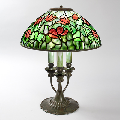 Tulips Circa: 1900 Dimensions: 16” diameter x 21”  Stained Glass Lamp
